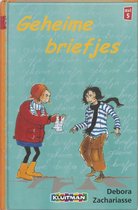 Boekomslag met de titel "Geheime briefjes". Twee meisjes, één met rode jas en gele laarzen, de ander met gestreepte sjaal, wisselen een briefje uit.