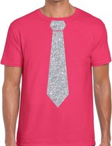 Roze fun t-shirt met stropdas in glitter zilver heren XL