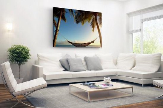 Hamac entre palmiers plage tropicale Toile 30x20 cm - petit - Tirage photo sur toile (Décoration murale salon / chambre) / Mer et plage