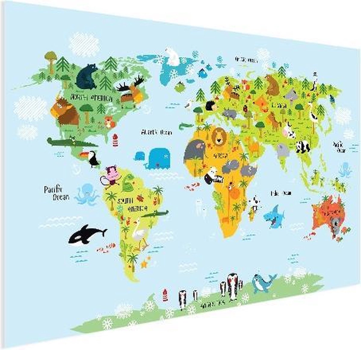Wereldkaart voor kinderen Dieren poster Wereldkaart Poster