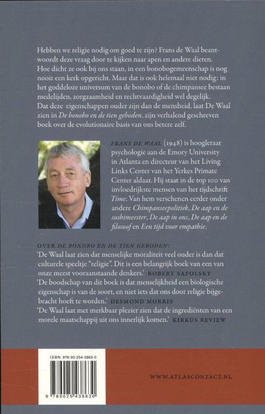 Achterpagina van een boek met een foto van Frans de Waal, biografie en recensies.
