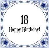 Verjaardag Tegeltje met Spreuk (18 jaar: Happy birthday! 18! + cadeau verpakking & plakhanger