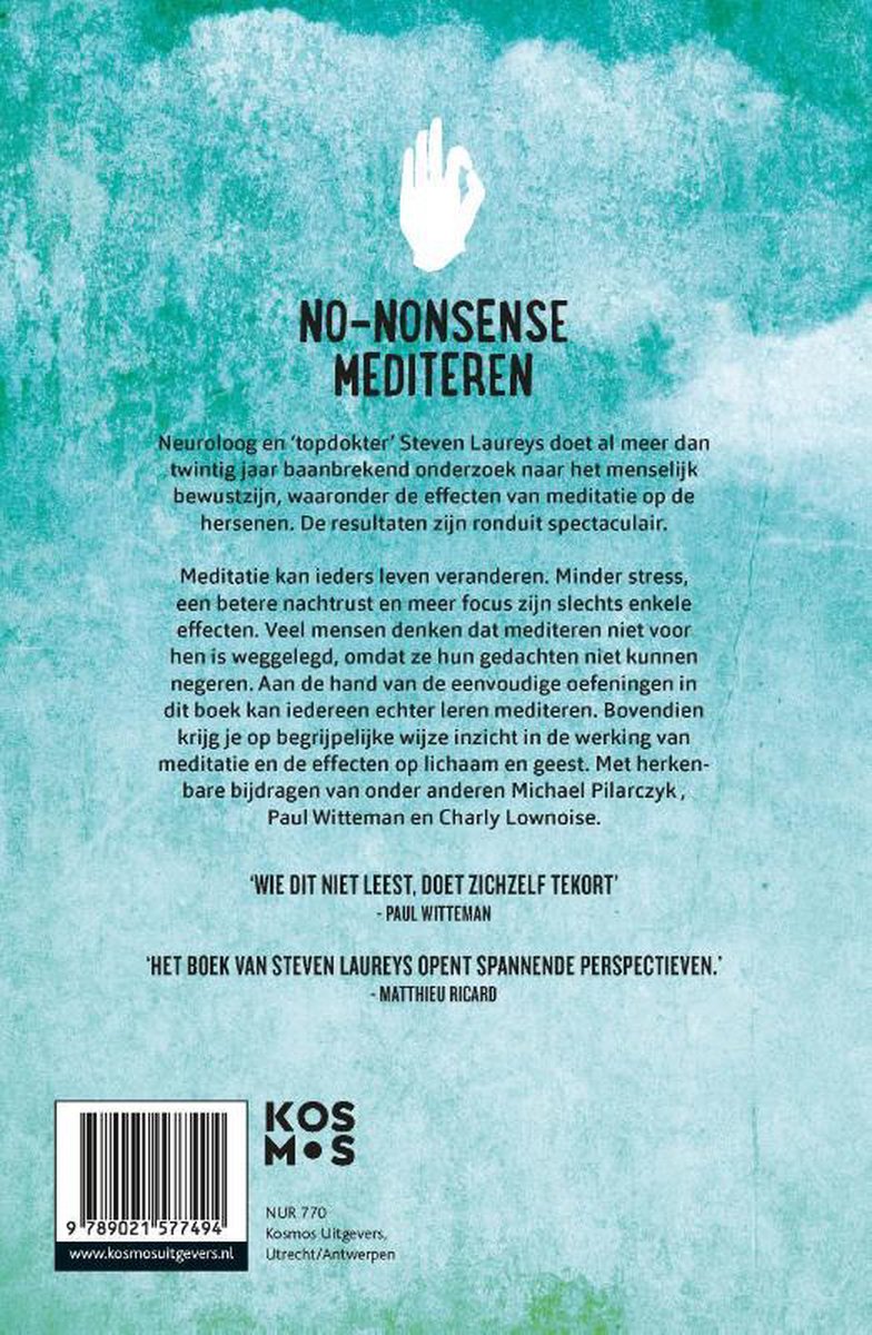 Achterkant van 'Het no-nonsense meditatieboek' met blauwe, waterige textuur, witte tekst en een handgebaar.