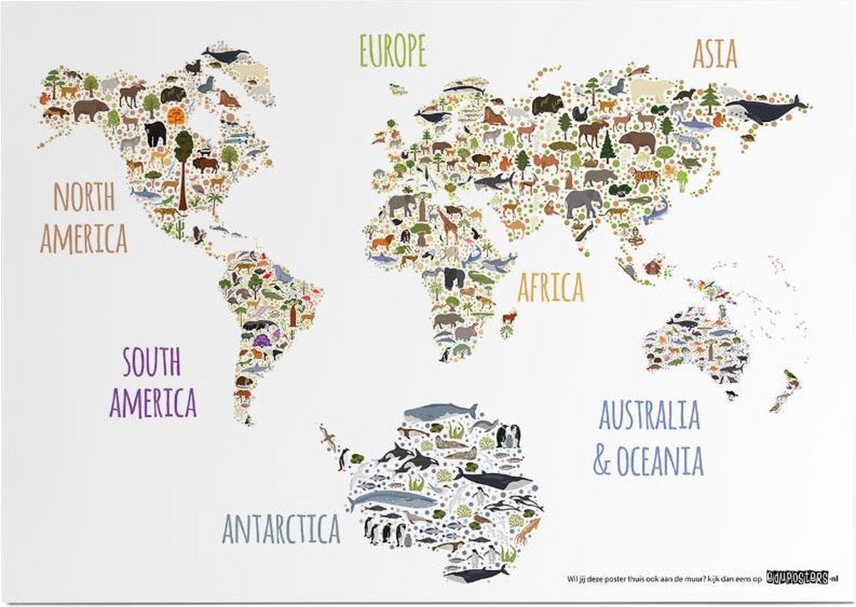 eduposters Educatieve poster (Posterpapier) - Topografie wereld grote dieren - 59.4 x 42 cm (A2) Beige