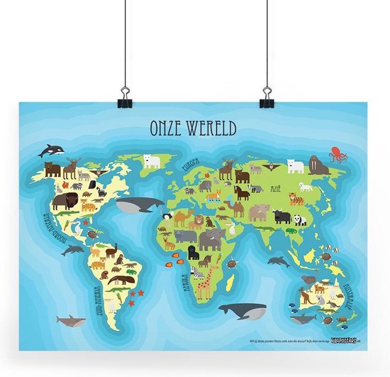 Educatieve poster (Posterpapier) - Topografie onze wereld dierenrijk - 59.4 x 42 cm (A2)