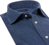 Profuomo slim fit jersey overhemd - knitted shirt pique - jeansblauw melange - Strijkvrij - Boordmaat: 38