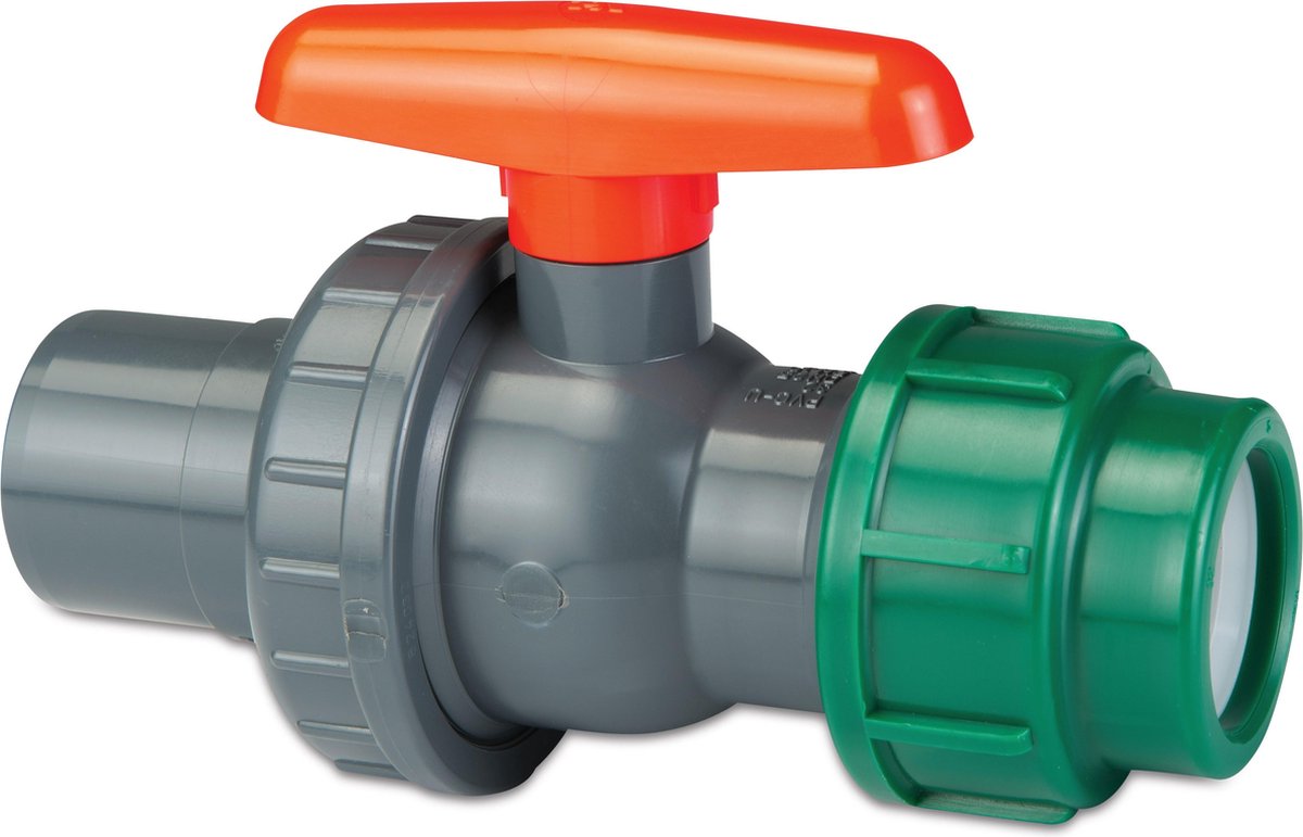 VDL Kogelkraanafsluiter PVC/PE 25/32 mm x 20 mm lijmmof/spie x knel 10bar DN20 grijs/groen