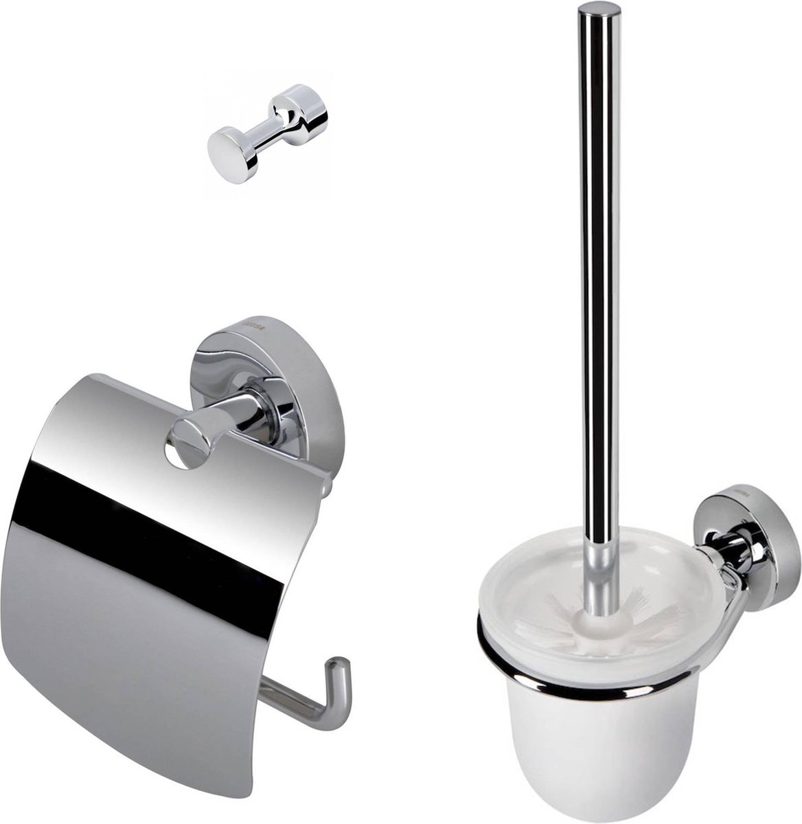 Geesa Luna toiletset compleet met closetrolhouder met klep borstelgarnituur + ophanghaak met extra zwarte borstel chroom