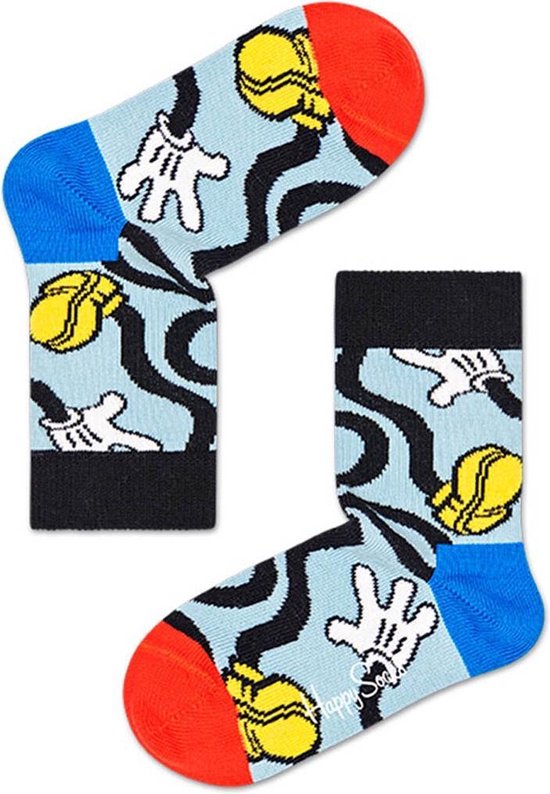 Lichtblauwe sokken met zwarte golven, Mickey Muis handschoenen en gele schoenen. Rode tenen en blauwe hielen.