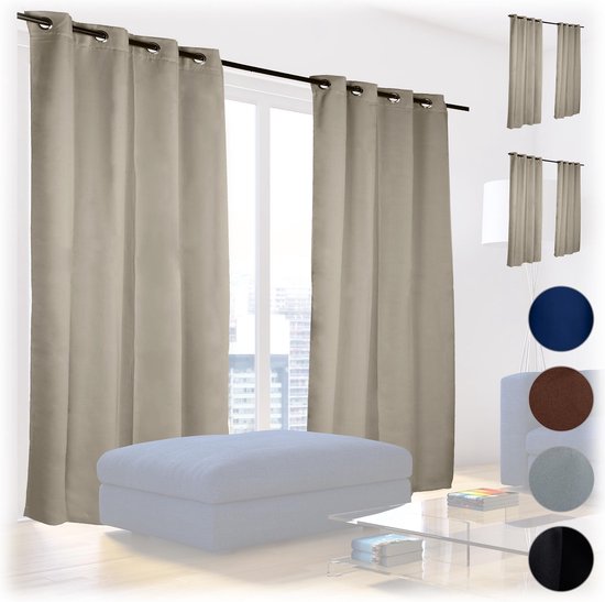 Gordijn Verduisteringsgordijnen 200 x 220 cm Gordijnen Kant en Klaar Effen Ondoorzichtig Geluiddempend Temperatuurregeling Eyelet Gordijnen Voor Badkamer Slaapkamer, Beige
