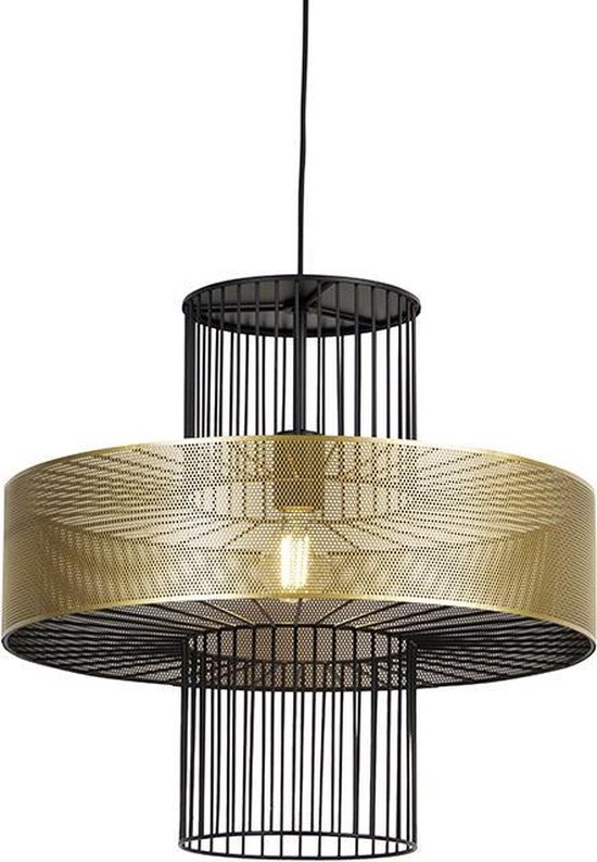 QAZQA tess - Design Hanglamp - 1 lichts - Ø 50 cm - Zwart Goud - Woonkamer | Slaapkamer | Keuken