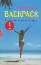 Boek kaft met zonnige strandscène, palmboom en vrouw met armen omhoog. Titel: Backpack. Prijs: €12,50.