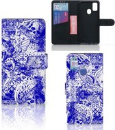 Book Style Case Geschikt voor Samsung Galaxy M21 Book Cover Geschikt voor Samsung M30s Smartphone Hoesje Angel Skull Blue