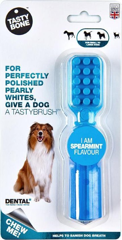 Blauw TastyBone honden Poetsborstel verpakking met een collie hond en de tekst 'For perfectly polished pearly whites, give a dog a Tastybrush'.
