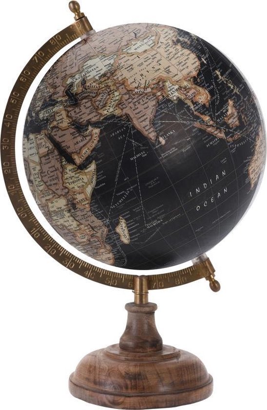 Decoratie wereldbol/globe zwart op mangohouten voet/standaard 20 x 33 cm -  Wereldbal -... | bol.com