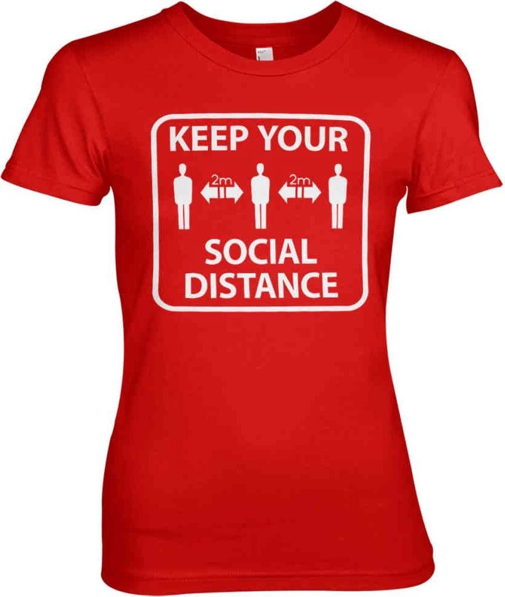 Dames Fun Tshirt -M- Keep Your Social Distance Rood