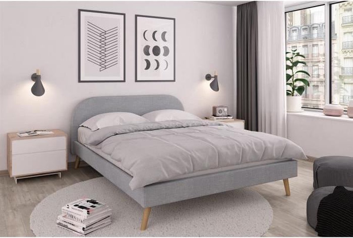 ZEN Scandinavisch bed in lichtgrijze stof + bedbodem en hoofdbord - B 160 x  L 200 cm | bol.com