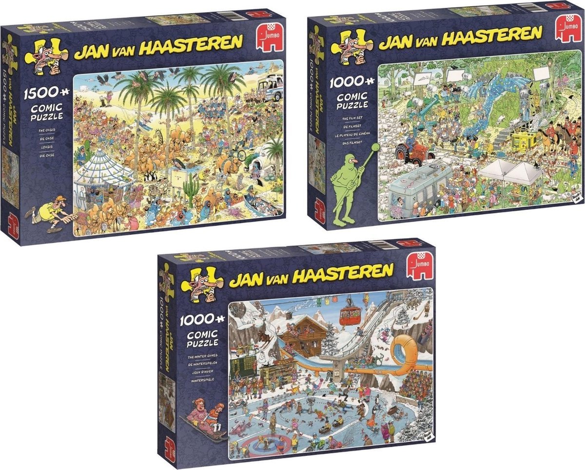 Jan van Haasteren Puzzelbundel - 3 stuks - De Oase 1500 stukjes & De Filmset 1000 stukjes & De Winterspelen 1000 stukjes