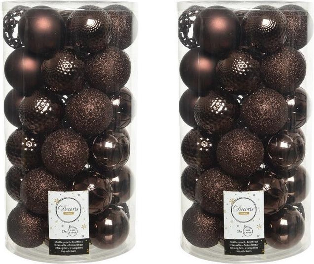 74x Donkerbruine kunststof kerstballen 6 cm - Mix - Onbreekbare plastic kerstballen - Kerstboomversiering donkerbruin