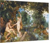 Het aardse paradijs met de zondeval van Adam en Eva, Peter Paul Rubens - Foto op Plexiglas - 80 x 60 cm