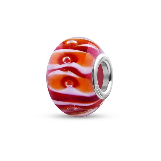 Quiges - Glazen - Kraal - Bedels - Beads Rood met Oranje Witte Vlekken Past op alle bekende merken armband NG2027