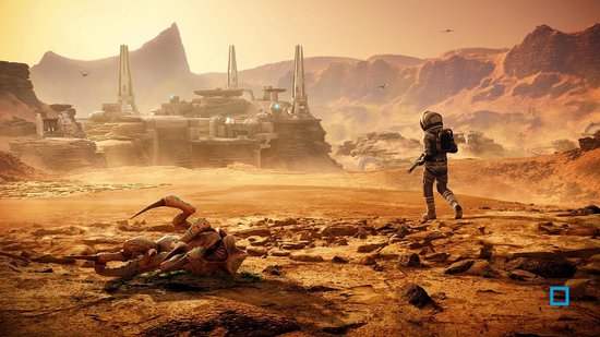 Astronaut op een oranje planeet met buitenaardse gebouwen en een gestrand wezen. Twee kleine vliegende wezens in de lucht.