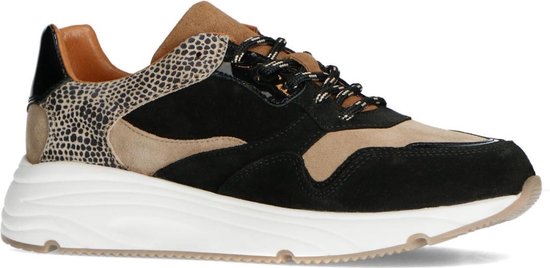 Manfield - Dames Zwarte lage sneakers met cheetahprint - Maat 38 | bol.com