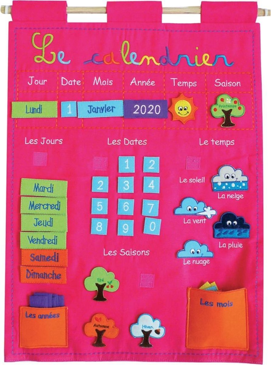 Ludi educatieve kalender roze - stoffen wandkalender voor kinderen.