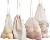 Herbruikbare Katoenen tassen | Boodschappen | Set van 8 | Biologisch Katoen Tas | Katoenen Tassen Set | Groente en Fruit | Trek Koord | Opbergtas | Keuken | Reusable Produce Bags Set