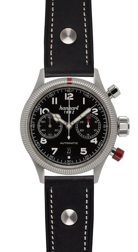 Hanhart Pioneer TwinControl Horloge Zwart - zwarte band - ribbelrand