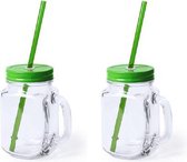2x stuks Glazen Mason Jar drinkbekers groene dop en rietje 500 ml - afsluitbaar/niet lekken/fruit shakes