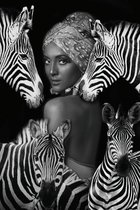 Glasschilderij Vrouw - Zwart wit - Dieren - 120 x 80 - Zebra's