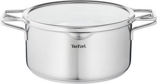 Roestvrijstalen kookpan met glazen deksel en twee handvatten. Zilverkleurig.