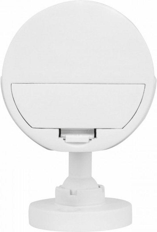 Achterkant van een witte bewegingsmelder met een klepje voor de batterij.