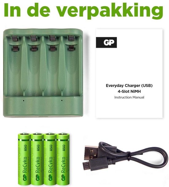 GP ReCyko AA/AAA Everyday Charger (USB) - Batterij oplader - incl. 4x AAA  batterijen... | bol.com