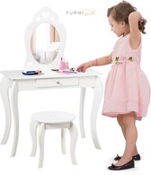 FURNIBELLA -  Kinderen kaptafel en stoel set, prinses make-up kaptafel met lade en spiegel, 2-in-1 make-up tafel set met afneembare bovenkant, doen alsof schoonheid spelen ijdelheid set voor meisjes (Wit)