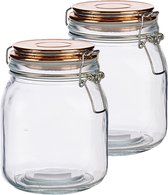 Set de 2x bocaux/boîtes de conservation cuisine luxe en verre 1000 ml - Bidons alimentaires de conservation hermétiques couvercle valve cuivre - 11 x 15 cm