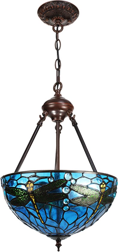 LumiLamp Lampes à suspension Tiffany Ø 31x155 cm Bleu Vert Métal Verre Libellule Lampe de table à manger