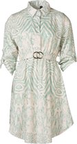 Dames animalprint jurk 3/4 mouwen met kraag, boven knopen, strik-ceintuur met gouden gesp -  pastel groen | Maat S
