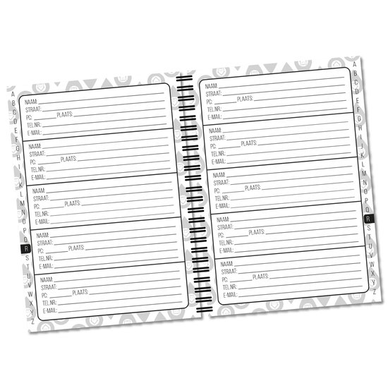 Open adressenboek met op elke pagina adressenlijsten, alfabetisch gesorteerd op de linkerpagina. Grijs patroon op de achtergrond.