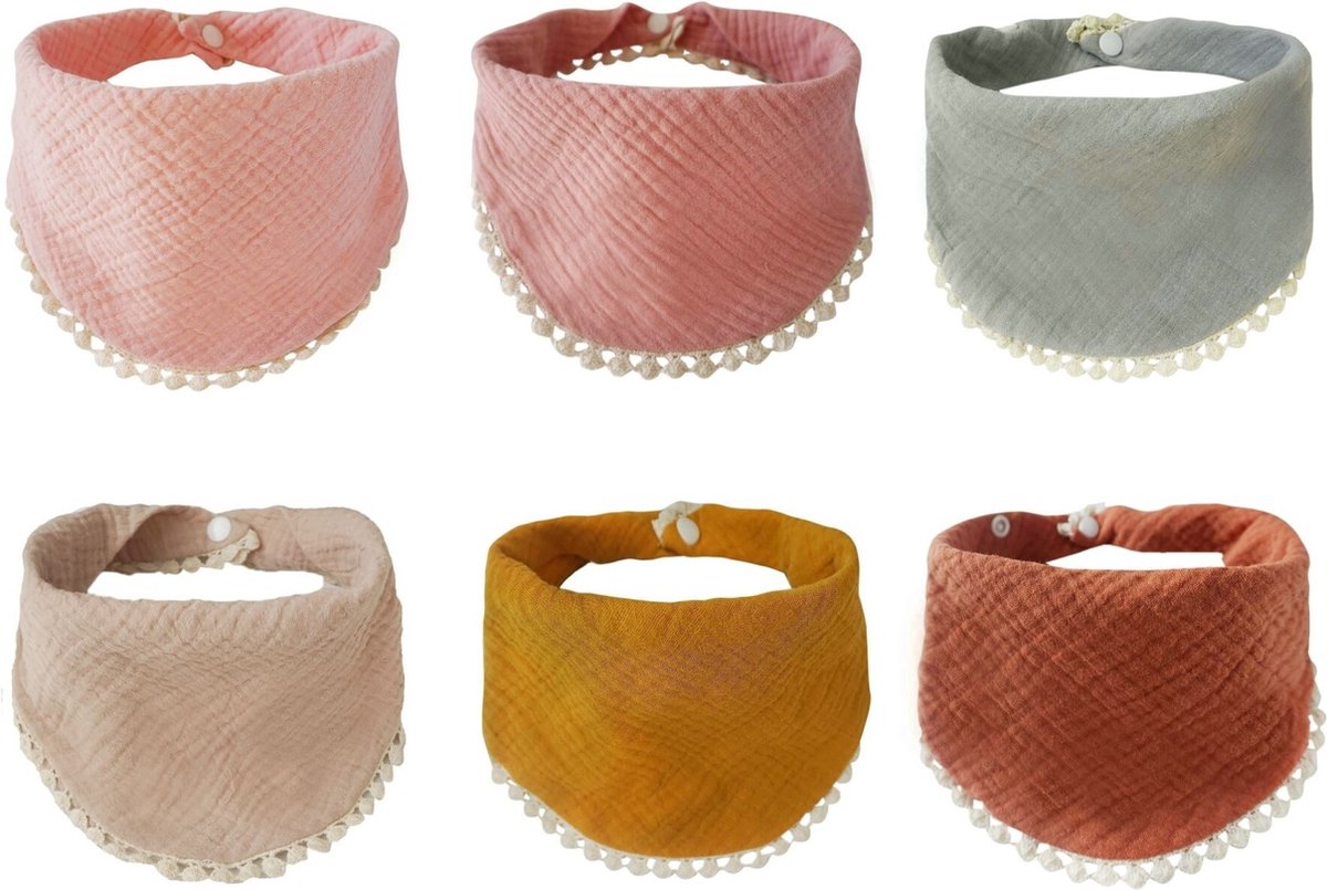 Goedkoopste MINIIYOU - 6 stuks - Hydrofiele Bandana Slabbetjes Meisje Franjes - Roze Geel - Beige