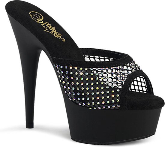 Mule noire à talon haut et plateforme, ornée de paillettes multicolores et de résille.