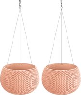 Set van 2x stuks plantenpotten/bloempotten hangend kunststof dia 24 cm en hoogte 16 cm in het zalm roze met metalen ophanghaak