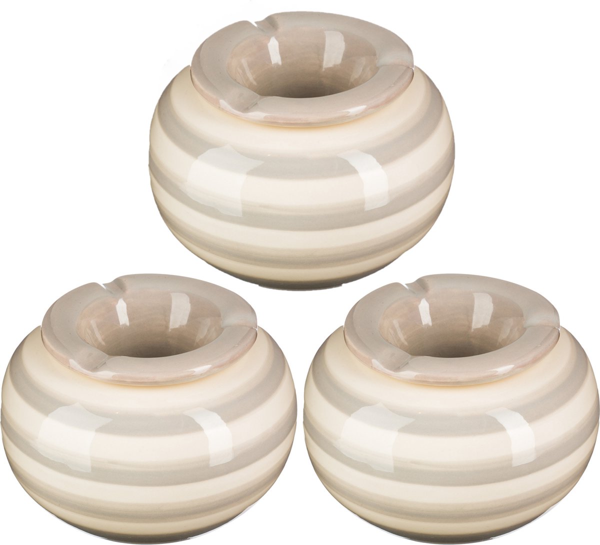 Terras asbak/stormasbak - 3x - rond - keramiek - 12 x 8 cm - grijs/wit - Buiten asbakken