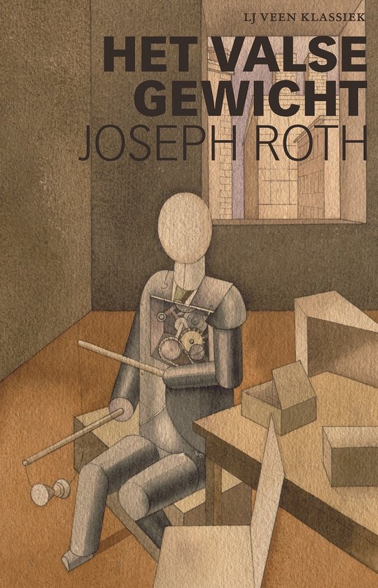 Couverture de livre 'Le faux poids' par Joseph Roth. Aquarelle d'un homme géométrique avec des engrenages dans sa poitrine.