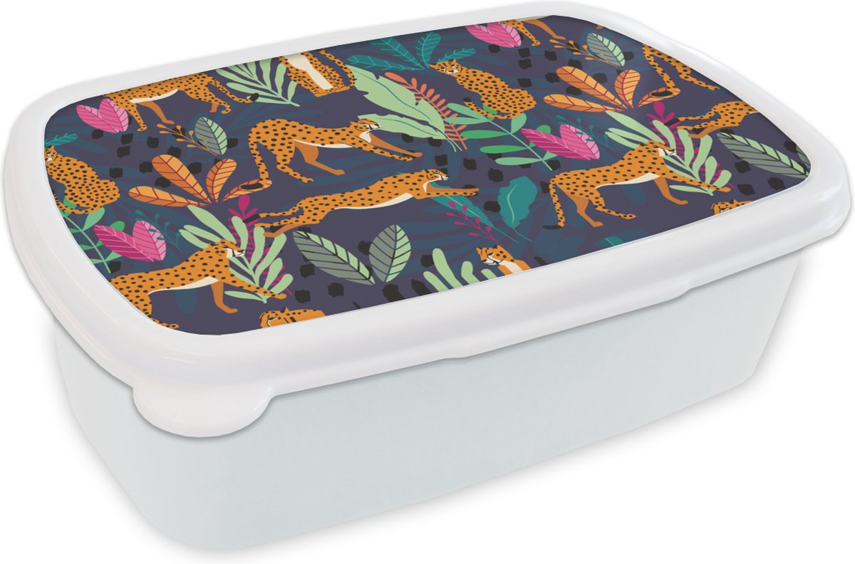 Broodtrommel Wit - Lunchbox - Brooddoos - Patroon - Cheetah - Jungle - 18x12x6 cm - Volwassenen