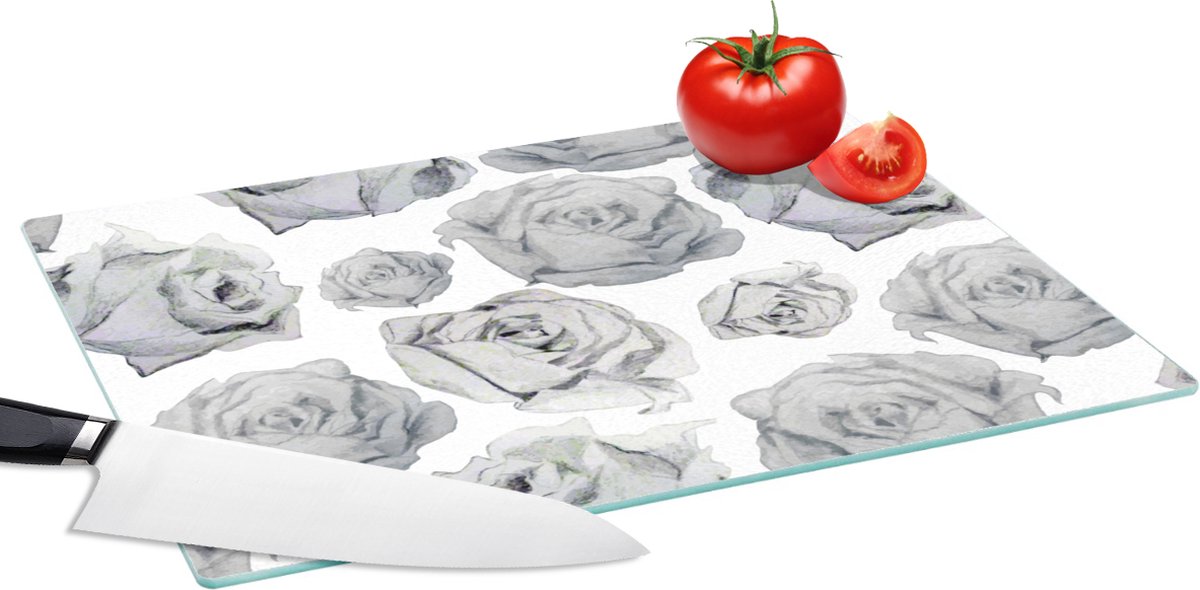 Glazen Snijplank - 39x28 - Rozen - Bloem - Zwart Wit - Patroon - Snijplanken Glas