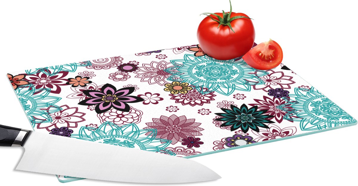 Glazen Snijplank - 28x20 - Mandala - Bloemen - Patroon - Snijplanken Glas