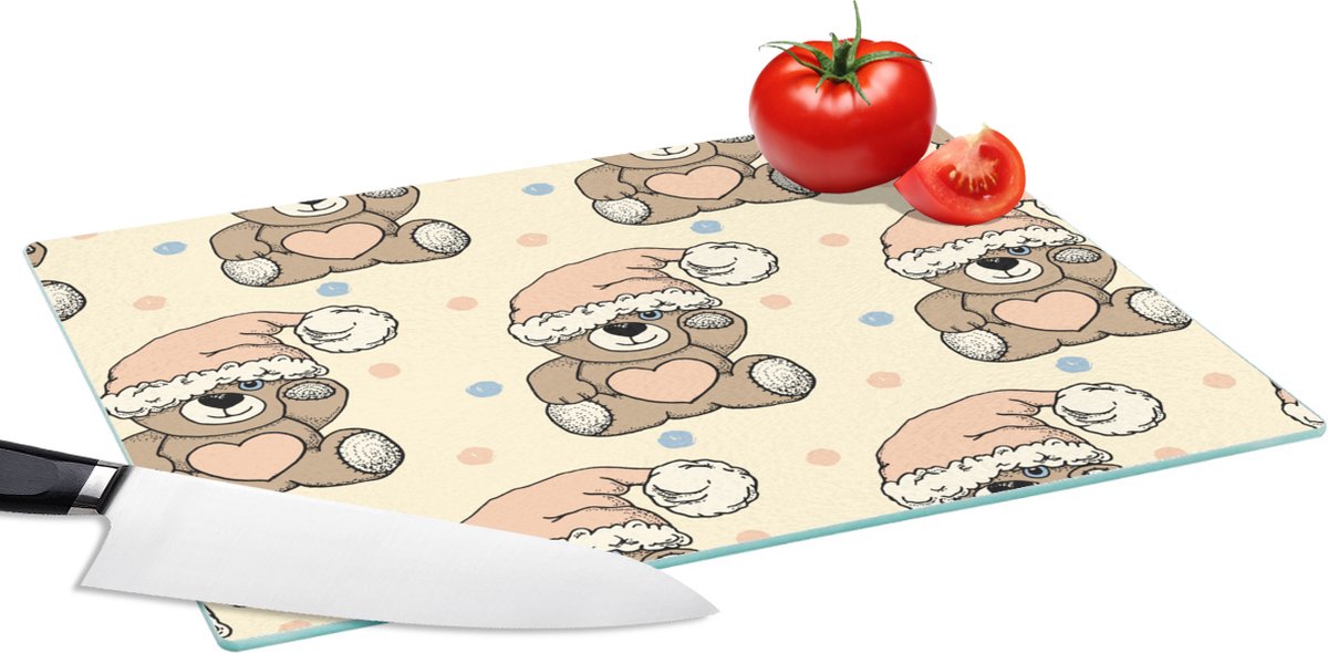 Glazen Snijplank - 39x28 - Knuffelbeer - Slaapmuts - Kinderen - Pastel - Snijplanken Glas