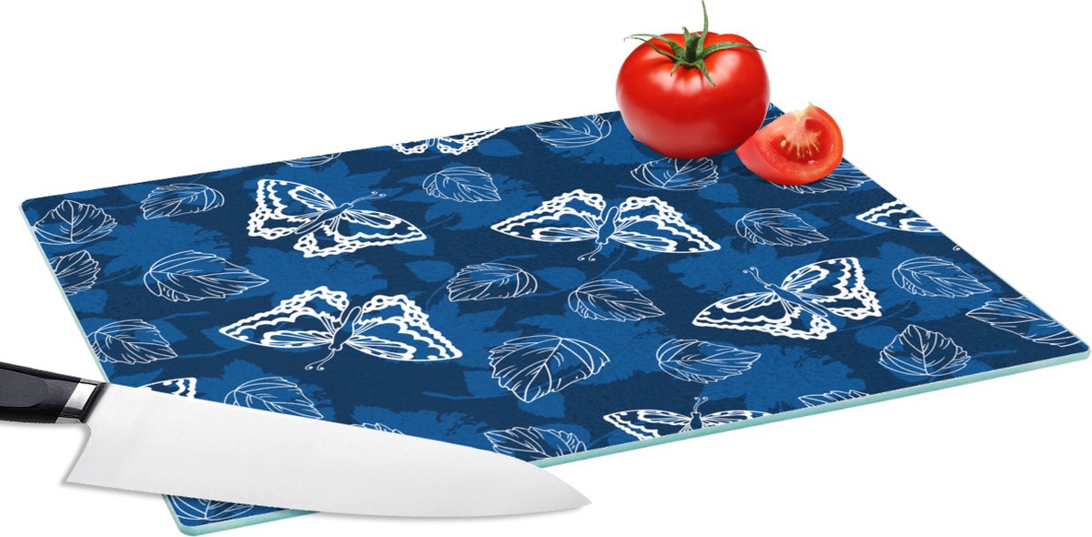 Glazen Snijplank - 39x28 - Vlinder - Insecten - Blauw - Wit - Design - Snijplanken Glas